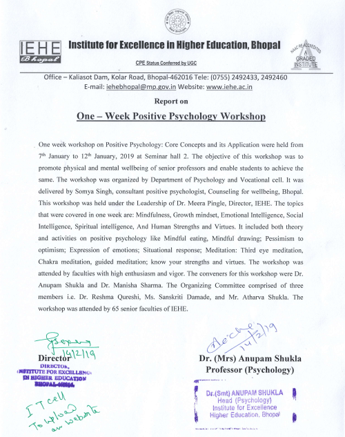 ONE WEEK POSITIVE PSYCHOLOGY WORKSHOP